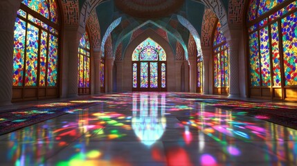 Obraz premium Colorful Stained Glass Reflections in Historic Architectural Space