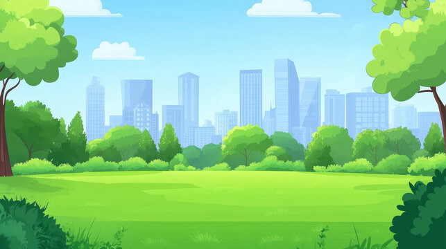 Green lawn, bushes, trees and town buildings on skyline. Vector parallax background for 2d animation with cartoon illustration of summer landscape of city park or garden
