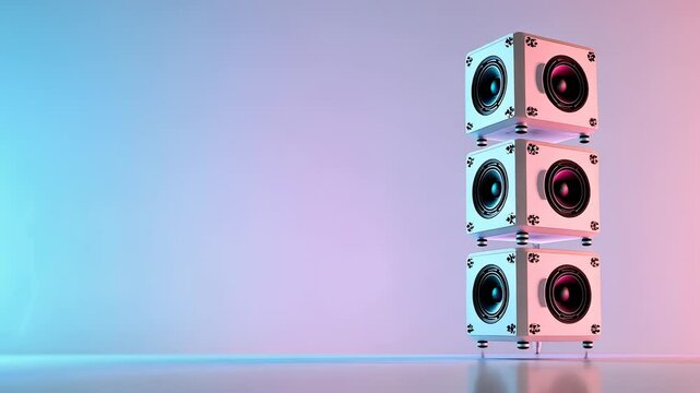 Modern stacked speaker design with vibrant lighting effects in a minimalistic setting