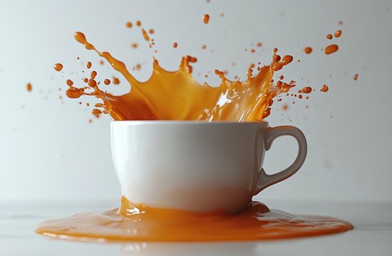 Splashing Coffee Wave from Tipped White Mug with Dark Liquid