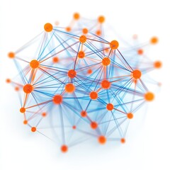 An abstract representation of a network with nodes in bright orange and connections in electric blue, isolated on a white background - Generative AI