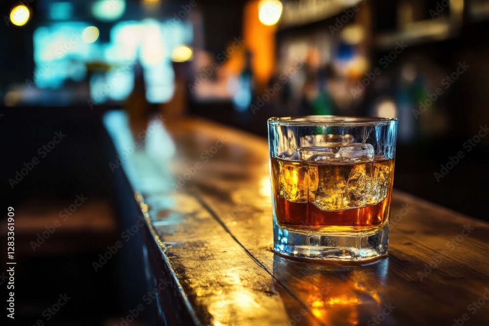 Poster Warm evening drink served on a wooden bar counter with ice cubes and a soft glow in the background. Generative AI
