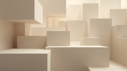 A serene landscape of calm beige cubes creating a minimalist architectural wonder in soft, warm light.