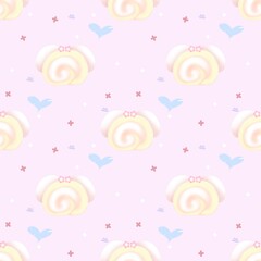 Cute Kawaii Dessert Seamless Pattern | Pastel Cat Roll & Strawberry Swiss Roll