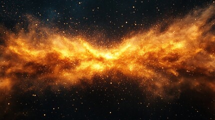 Fototapeta premium Exploding golden particles with fine sand details, centered on black canvas 