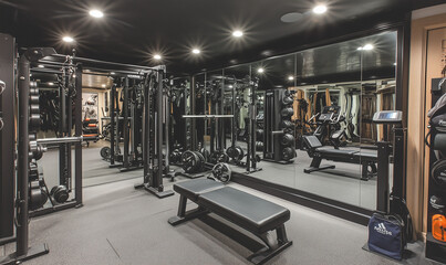 Fototapeta premium Private home gym with mirrored walls and high-end workout equipment, offering a luxurious fitness space