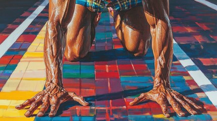 Professional photo, close-up of a sprinter exploding off the starting blocks