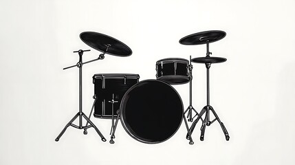  Cartoon sketch drawing of a drum set in black silhouette, isolated on a white background, Isolated drum illustration, Clipart for drum kits 