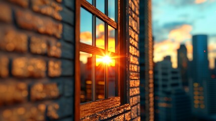 Fototapeta premium Brick Building Window Reflecting Vibrant Sunset Over Blurred City Skyline