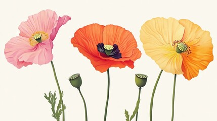 Poppy Trio In Full Bloom. Delicate Floral Watercolor Art On White Background.