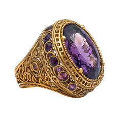 Obraz premium Elegant gold filigree ring with a stunning amethyst gemstone. Perfect for luxury jewelry collections, vintage-inspired fashion, or royal aesthetics.