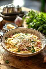 Creamy Spaghetti with Prosciutto and Mushrooms in Rustic Kitchen