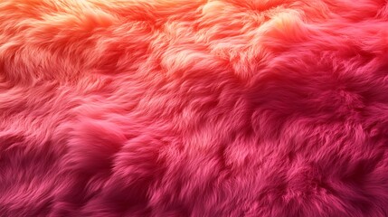 Fototapeta premium A close-up of plush fur material, transitioning from deep crimson to soft coral pink, arranged in smooth, undulating patterns, fine strands in sharp detail, glowing highlights enhancing the gradient,