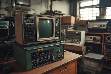 Obraz premium Vintage electronics in dusty workshop