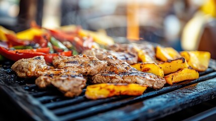 Grilled Meat and Vegetables on BBQ Grill in Summer Outdoors