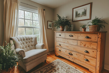 Comfortable Living Room Interior with Tufted Armchair Wooden Dresser and Natural Light from Window in a Warm Toned Home