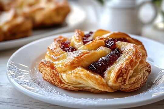 Delicious apple pastry dessert with strawberry jam caramelized filling and powdered sugar on flaky puff pastry