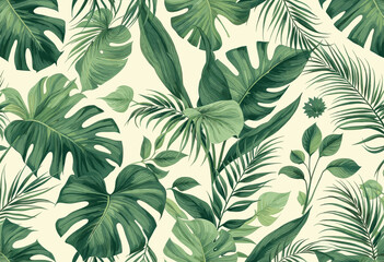 various tropical leaves and plants, including palm leaves, ferns, and other green foliage, arranged in a repeating design.