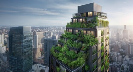 Obraz premium Vertical Garden Architecture: Green Urban High-Rise Building with Terraces