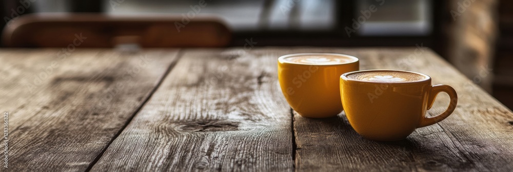 Poster two yellow cups of coffee on a rustic wooden table in a cozy cafe during the late afternoon light. g