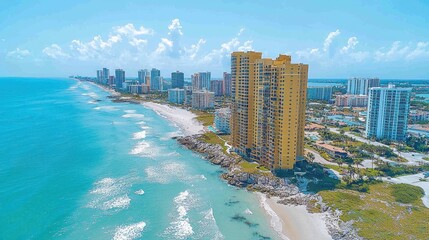 Naklejka premium Aerial view of coastal high-rise buildings, ocean, beach, and shoreline.