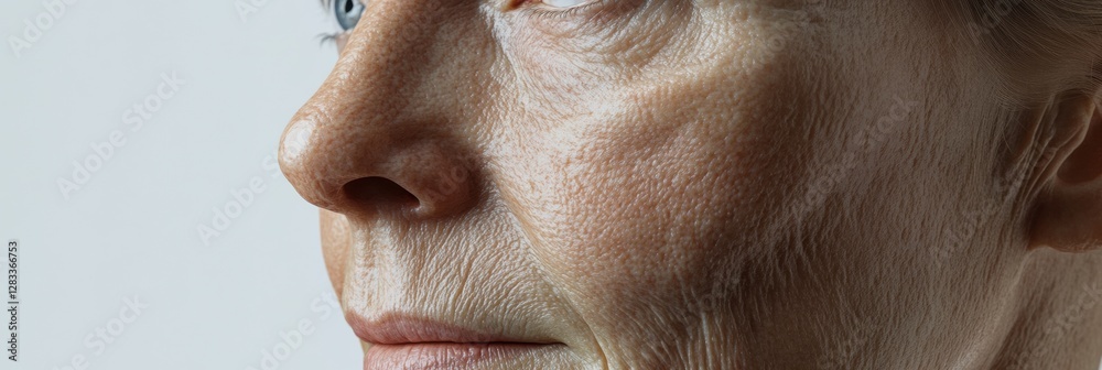 Poster transformation of aging skin to youthful appearance showcasing side by side comparison of texture an