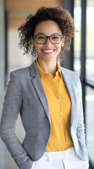 A confident and smiling woman in her late thirties, wearing glasses with dark curly hair
