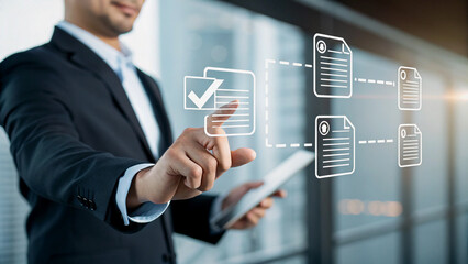 Businessman Interacting with Digital Documents on a Tablet