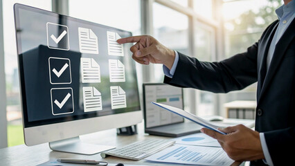 Businessman Interacting with Digital Documents on a Tablet