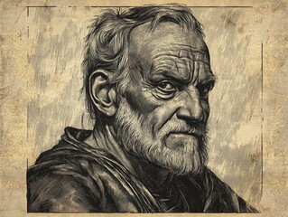Fototapeta premium A vintage-styled engraving of a stoic explorer, his face deeply lined with experience