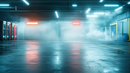 Foggy Night Scene in Modern Parking Garage with Neon Lights