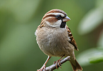 Naklejka premium Sparrow on a tree branch with green background