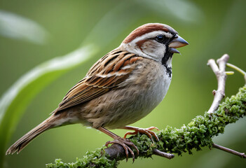 Sparrow on a tree branch with green background