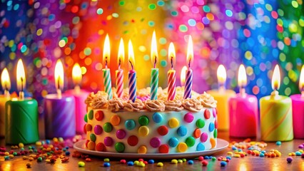 Vibrant Birthday Cake Background with Colorful Candles and Confetti, colorful, party decorations