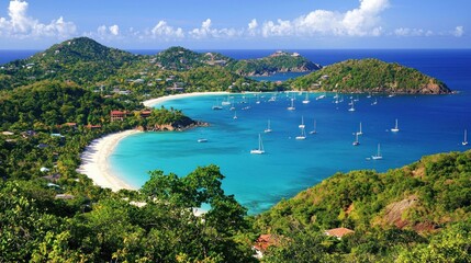 Obraz premium Stunning Aerial View of a Tropical Island Paradise: Turquoise Waters, Lush Green Hills, and White Sand Beach