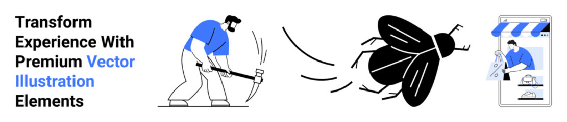 Man swings pickaxe at large insect as it flies toward a smartphone with a storefront interface. Ideal for e-commerce, creativity, transformation, pest control, surrealism, conflict, flat landing page