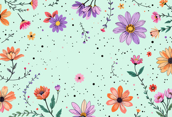 a variety of colorful flowers and plants against a light green background, with scattered black dots.