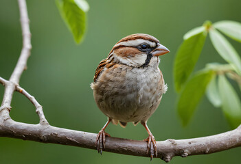 Sparrow on a tree branch with green background