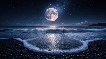 Moonlit beach waves at night