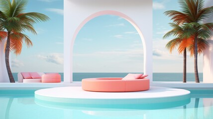 Obraz premium Serene coastal escape: a dreamy coral daybed overlooking a turquoise pool, bathed in soft sunlight and framed by lush palm trees.