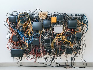 Wall-mounted tangled wires and devices