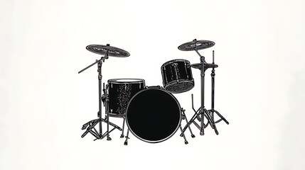 Cartoon sketch drawing of a drum set in black silhouette, isolated on a white background, Isolated drum illustration, Clipart for drum kits 