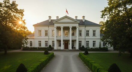 Naklejka premium Elegant White Mansion with Columns and Flag Amidst Green Landscape