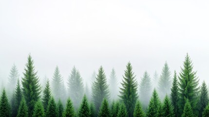 Fototapeta premium Misty Green Pine Forest Under Soft Gray Sky in Tranquil Nature Scene