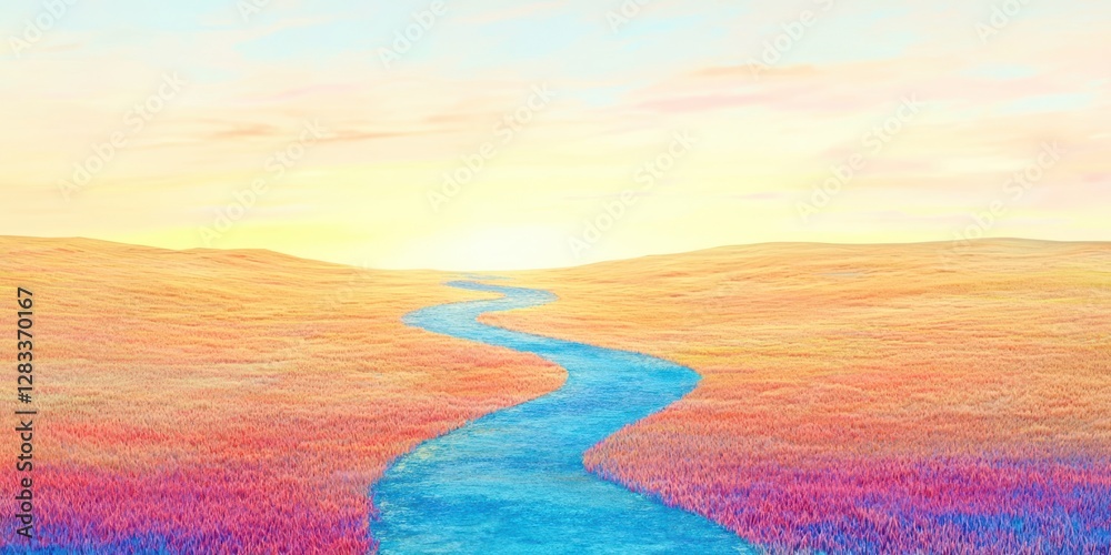 Poster river is shown in a field with a sunset in the background