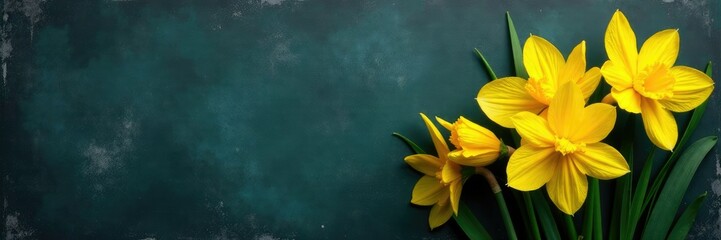 Fototapeta premium Daffodil blooms in yellow against a distressed chalkboard surface, organic, distressed, bloom