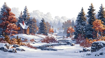 Naklejka premium Snowy winter cabin nestled in a mountain forest with a small stream, illuminated by colorful lights.