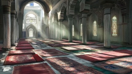 Obraz premium Serene Interior of a Historic Mosque with Colorful Prayer Rugs
