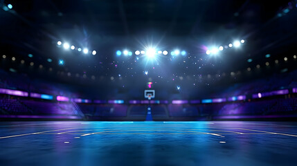 Empty Basketball Arena Lit With Bright Blue And Purple Lights During Night Time