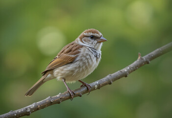 Sparrow on a tree branch with green background
